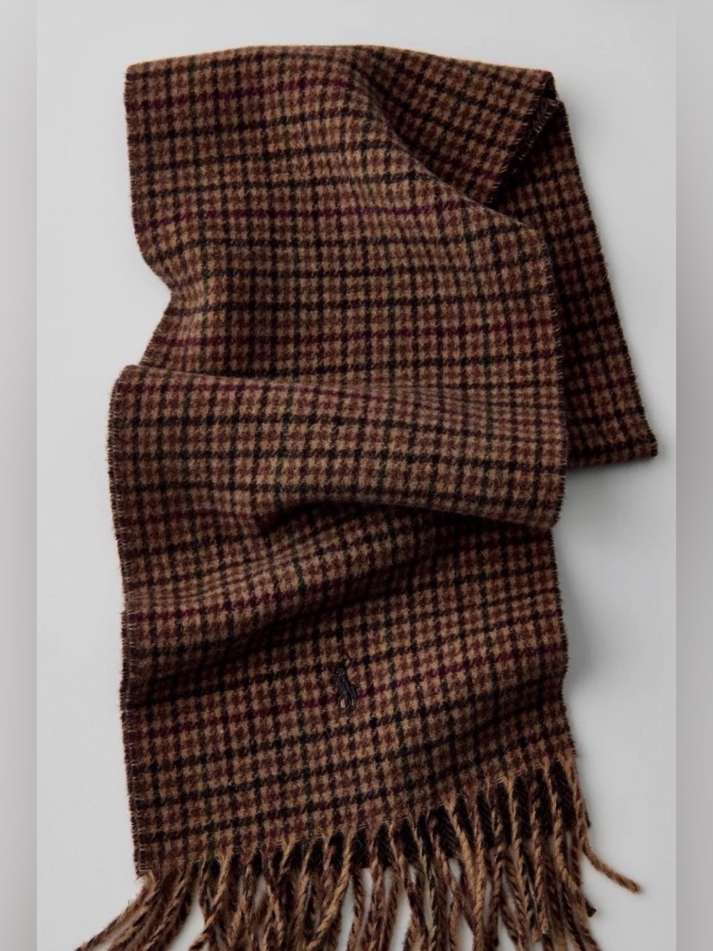 Polo Ralph Lauren Brown PLAID HERRINGBONE Wool Blend Reversible Scarf